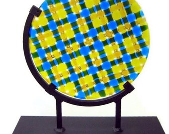 Art Glass Sculpture Round Blue Yellow Kaleidoscope Artist Signed