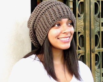 Crochet Slouchy Hat, Tam, Ribbed, Beehive Hat, Women, Men, Teen, Tam, Adult, Color Taupe,