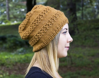 Mustard Slouchy Knit Hat - Gold Vegan Hat - Boho Hat - Hipster Hat - Hippie Hat - Womens Tam - Mens Beanie - Acrylic Handknit - Gift for Her