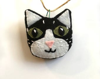 Cat Ornament, Felt Cat Ornament, Christmas Ornament, Black and White Cat Ornament, Cat Lover Gift, Hand Embroidered