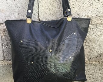 Vintage Bag/ 90s/ eco leather/ black color/ double handles/ inner zip/ lined/ 42 cm x 30 cm