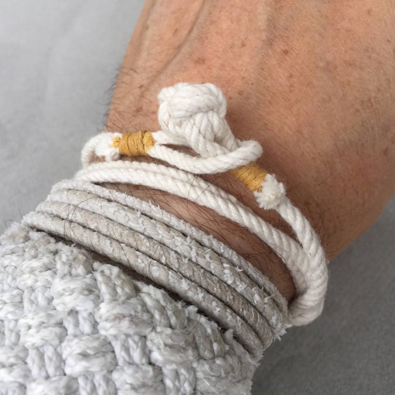 white cotton slip knot rope bracelet with tan whipping