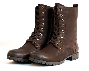 Aspele Women's Brown Nubuck Leather Combat Biker Ankle Lace Up Boots