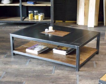 Rectangular coffee table industrial style custom metal and wood
