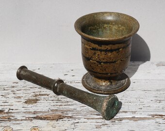 Mortar very old brass pharmacy-heavily worn-full of character abrasions-great Wabi Sabi prop or Photo object-20s