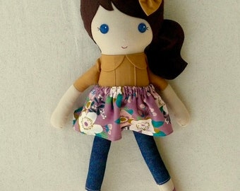 Fabric Doll Rag Doll 20 Inch Brown Haired Girl in Mustard Yellow Top and Mauve Floral Skirt