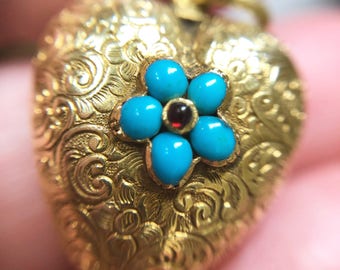 Antique Georgian turquoise, ruby and gold heart locket, with natural pearl and hair