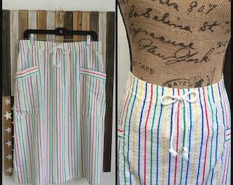 VINTAGE Rainbow Striped Skirt 80s - 1980s Rainbow Midi Skirt - Size Medium Cotton - 80s Hipster - Retro - Large Hip Pockets A line