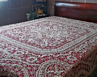 SALE OOAK Antique Handmade Bedfordshire/Maltese Linen Lace Drape/Panel/Bedspread Late 1800s Ivory
