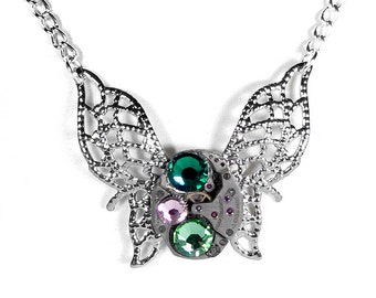 Steampunk Jewelry Necklace Vintage Watch Silver Filigree BUTTERFLY Emerald Peach Crystal Bridesmaids Holiday Gift Women - Steampunk Boutique