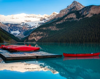 Banff Photography, Red Canoes Lake Louise Photo, Reflections Jasper Alberta Rockies Mountains Landscape Canada can8