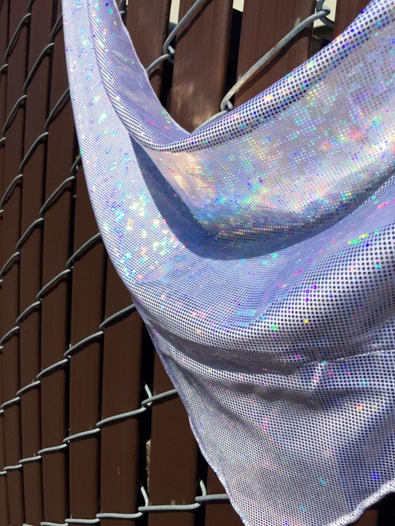 Holographic Silver on White Spandex Bandana w/ Shattered Glass Silver Holo Rainbow pattern and Hidden Stash Pocket