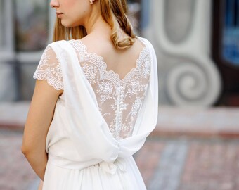 Distinguished cowl cut back chiffon and lace wedding dress, bridal separates, vintage wedding dress, bohemian wedding dress, bridal gown.