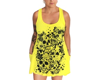 SALE Large -Yellow Racer Back Tank Tunic with Sugar Skulls Screen Print