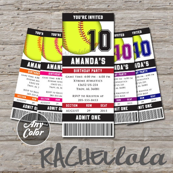 Softball ticket Softball Birthday Invitation end of season