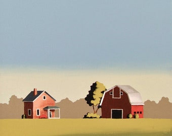 Original Painting - 12 x 12 Inches - Barn Farm - Contemporary Painting