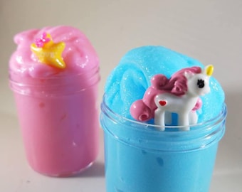 Unicorn Squishy Slime Duo - Scented Squishy / ICEE / instant snow slime in pink and blue - Includes a cute unicorn and star charms