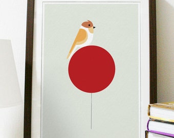 Little Brown Birdie on a Huge Red Balloon - Poster Print