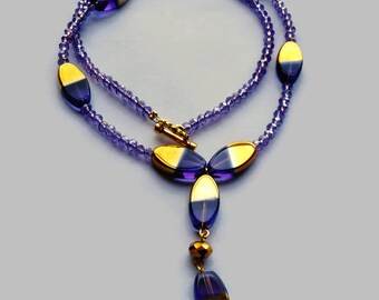 Purple Crystal and Glass Bead Necklace, Lavender-Gold Oval Glass Bead Necklace, Lavender Crystal Necklace, Y Necklace, Pendent Necklace