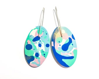 Jackson Pollock Inspired Paint Splattered Pastel Blue/Multicolour Earrings