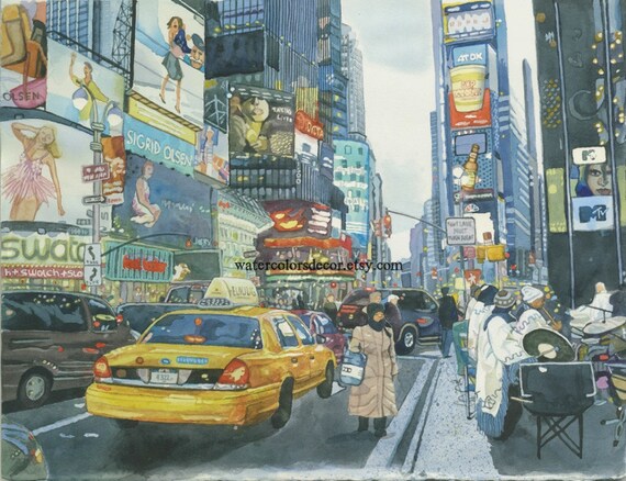 Times Square Watercolor Print. City painting. New York