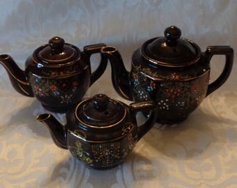 Vintage Mid-Century ACME Brown Redware Hand Painted Teapots Set of Three - Made in Japan