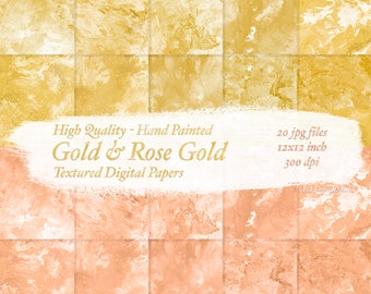 Gold and Rose Gold Digital Paper Backgrounds - Download Hand Painted Marble Textured Papers - High Quality 12x12inch - 300DPI