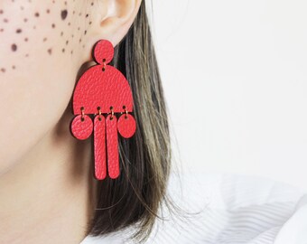 Red leather earrings, Leather earrings, Statement earrings, Long earrings, Red earrings, Minimalist earrings, Big earrings, Gift for her