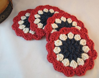 Americana Coasters, Crochet Coasters, Red White and Blue Coasters, Crochet cotton coasters, Primitive Coasters