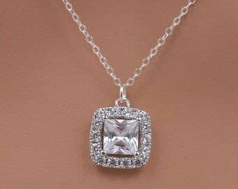 Rhinestone Bridal Necklace, Crystal Wedding Necklace, Square Cut Crystal, Cushion Cut Bridal Necklace, Sterling Silver Necklace 0269