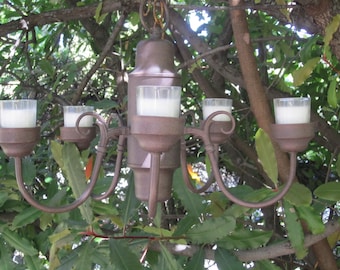 Brown HANGING CHANDELIER CANDLE Holder/ 5 Arm with Glass Votive Candles