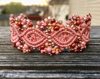Micro-Macrame Cuff Bracelet. Modern Macrame. Beaded Cuff. Rose Pink Bracelet. Pink Macrame Cuff. Statement Jewelry. Boutique Fashion Piece.