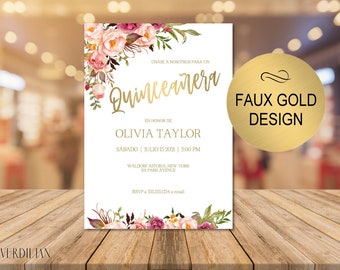 Blush Floral Gold Quinceanera Invitation Template- Rustic DIY Printable 15 Birthday Party Invitation - PDF-Instant Download| VRD315SDG