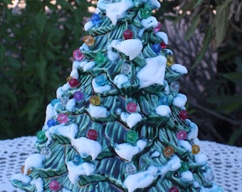 8 1/2" Ceramic Christmas Tree Lighted, Green with Snow Just Like Grandma/Mom's