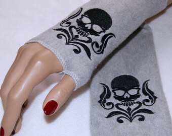 Embroidered Damask Skull Soft Fleece Arm Warmers Black Gray Gray MTCoffinz