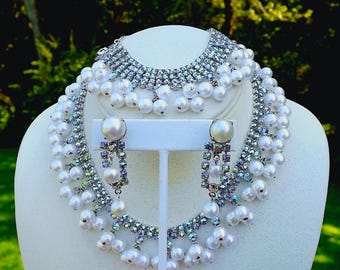Vintage Alice Caviness Parure AB Rhinestones Faux Pearls Necklace Bracelet Earrings