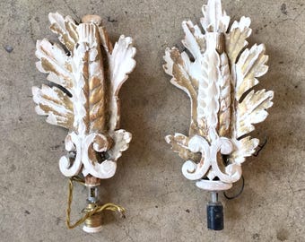 French Shabbychic Sconces, Gilt-Wood, Pair, Ca: 1920s.
