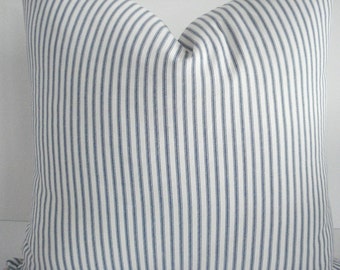 TICKING- Denim Blue and Off White Stripe--Both Sides--Decorative Designer Pillows- Blue /Off White Stripe Throw/Lumbar Pillow
