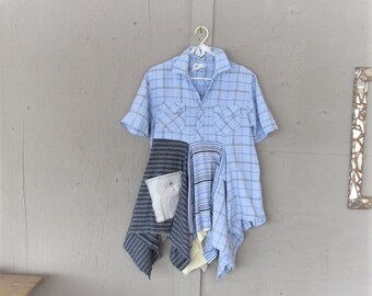 upcycled clothing tunic Lagenlook linen shirt Boho XL Patchwork Wearable Art fun clothes Bohemian reclaimed sustainable LillieNoraDryGoods
