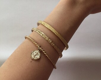 set of three golden bangle bracelets || nautical bracelets || anchor charm bangles
