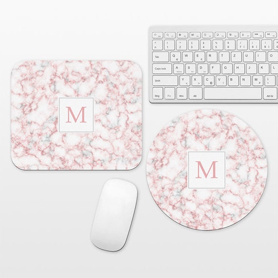 Marble Monogram Mouse Pad Custom Mousepad Personalized Letter Initial Mouse Mat Round Circle Rectangular Cute Gray Pink Mouse Pad Marble