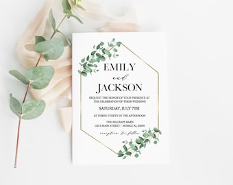 Eucalyptus Gold Geometric Wedding Invitation, Eucalyptus Wedding Invitation Printable, Wedding Invitation Template, Botanical Wedding Invite