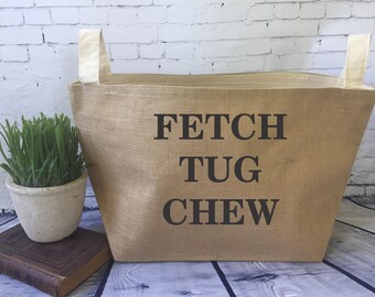 large lined burlap dog toy basket / burlap storage tote/ fetch tug chew/ dog toy bin