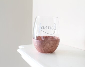 Rose Gold Glitter Wine Glass - Stemless Wine Glass - Personalize this beautiful Wine Glass for Bridal Showers, Birthdays, or Just Because!