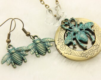 Bee jewelry Set, Bee Necklace, Bee locket, Bee earrings