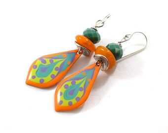 Orange and Turquoise Handmade Teardrop Earrings, Turquoise and Orange Earrings, Boho Earrings, Silver Earrings,Artisan,Paint and Resin,E034