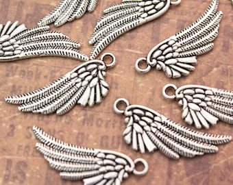 10 Angel Wing Charms Bird Wing Pendants Antiqued Silver Double Sided 3D 14 x 25 mm