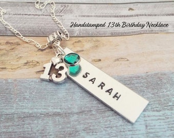 Handstamped 13th Birthday Gift, Gift for 13 Year Old, Personalized Birthstone Jewelry Gift with Birthstone and Date of Birth, Gift for Girls