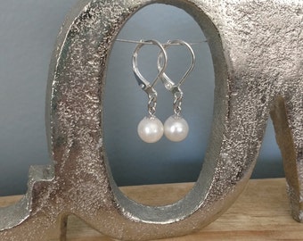 Sterling Silver Dangle Leverback Earrings with REAL white Akoya Pearls- Handmade