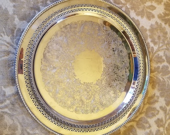 Reduced - Large Vintage Silverplate Tray with cutouts - 14 7/8" Diameter - WM A Rogers - Round Reticulated Tray